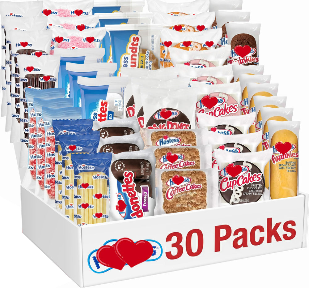 Partypom front packaging view showing assorted individually wrapped cakes for easy sharing