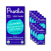 Pascha front packaging of 85% organic dark chocolate showing clean labeling and portion size