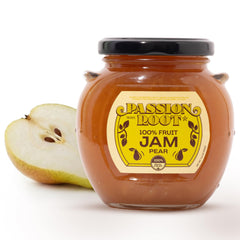 Passion Root pear jam jar front view showing label and clean ingredients benefit