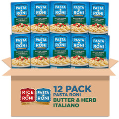 Pasta Roni front packaging showing product name and pack of 12, quick pantry benefit