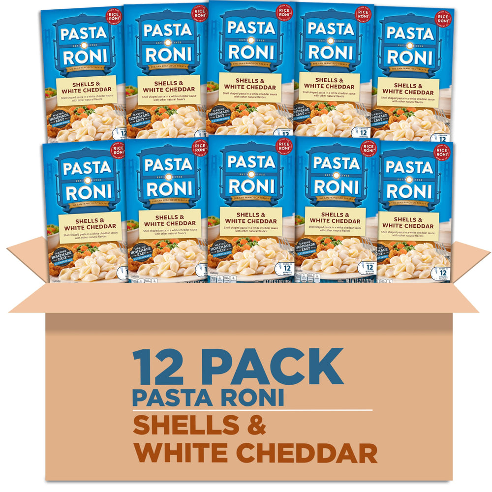 Pasta Roni front packaging showing product and pack of 12 for pantry convenience
