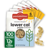 Pastabilities front packaging showing ruffled pasta and calorie claim benefit