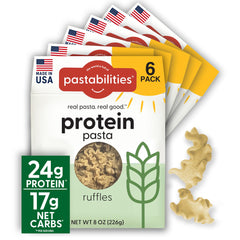 pastabilities front packaging shows ruffled pasta and nutritional highlights for easy selection