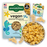 pastabilities front packaging showing sea-animal pasta and vegan cheese mix benefit quick family meals