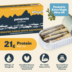 Patagonia Provisions open tin displaying delicate anchovy fillets and olive oil