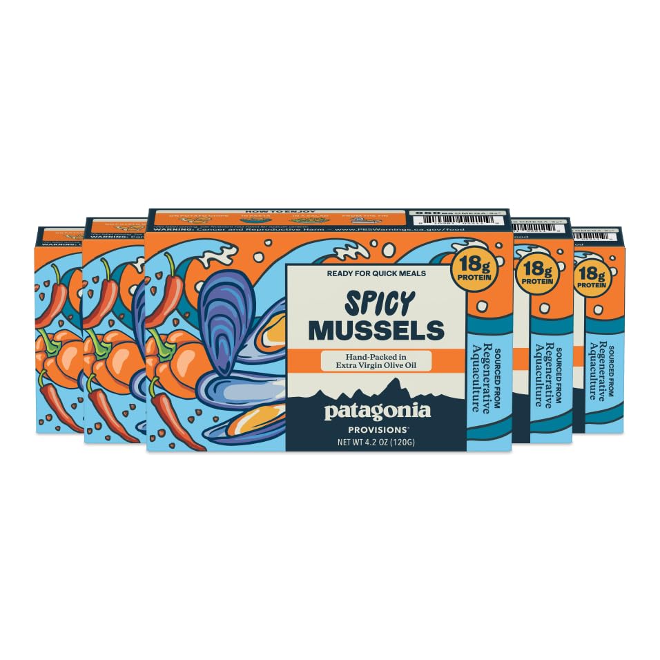 Patagonia Provisions front tin showing spicy mussels and branding for easy identification and shelf appeal