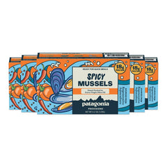 Patagonia Provisions front tin showing spicy mussels and branding for easy identification and shelf appeal