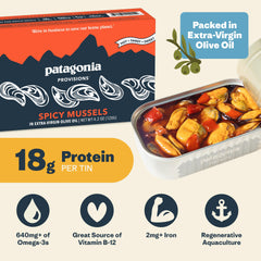 Patagonia Provisions opened tin with mussels in oil demonstrating ready-to-eat convenience