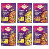 Patak's front packaging of 6-pack showing variety and microwaveable convenience
