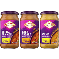 Patak's front packaging showing three sauce jars for quick meal variety