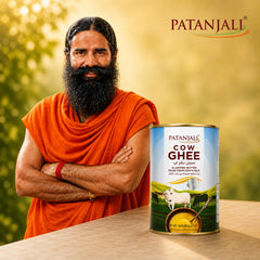patanjali cow ghee label closeup emphasizing ingredients and no-preservatives claim