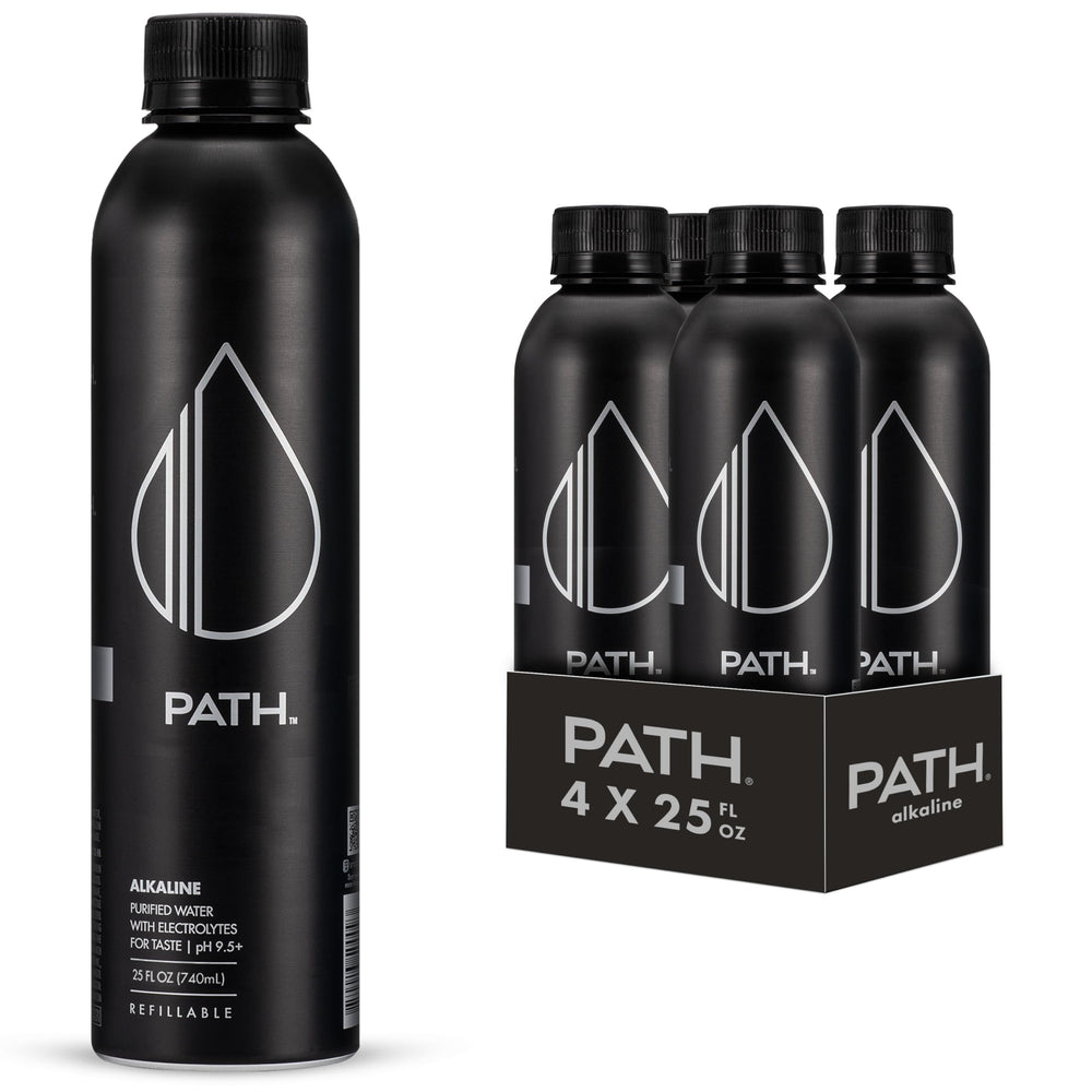 PATHWATER aluminum bottle front view showing branding and reusable design