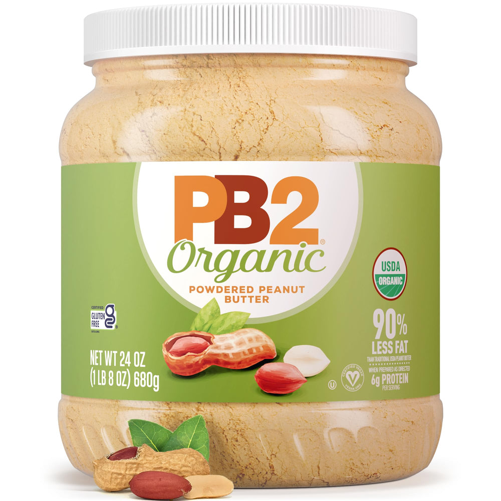 PB2 jar front label showing organic badge and 24oz size, clear product identity and trust
