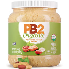 PB2 jar front label showing organic badge and 24oz size, clear product identity and trust