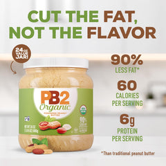 PB2 jar open revealing light peanut powder, ready to rehydrate for versatile uses
