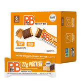 PBfit front packaging showing six salted caramel peanut butter bars and nutrition highlights