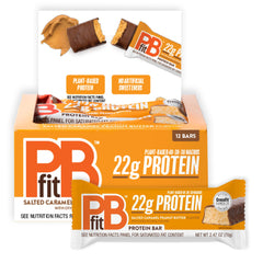 PBfit front packaging showing salted caramel peanut butter bars and 12-pack convenience