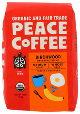 Peace Coffee birchwood front packaging showing organic fair trade badge and benefit