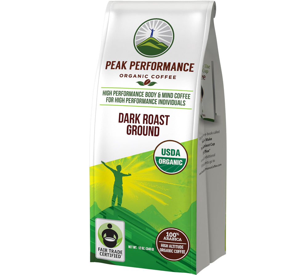 Peak Performance front packaging showing dark roast ground bag and fair trade badge