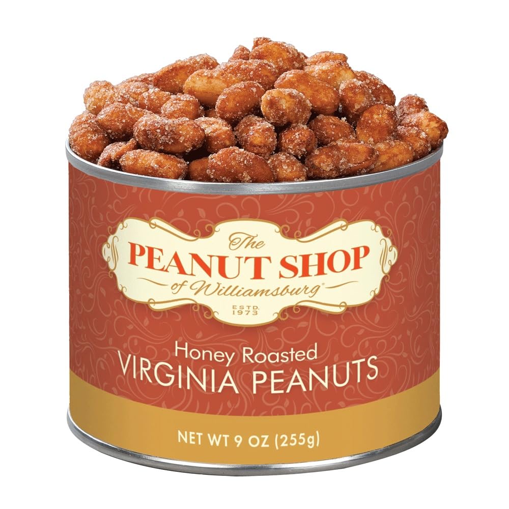 The Peanut Shop of Williamsburg front tin showing honey roasted peanuts and fresh crunch