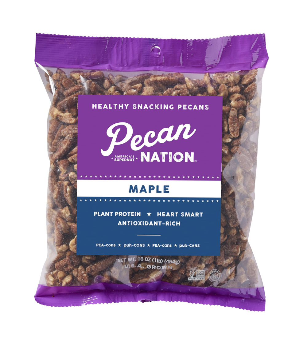 Pecan Nation front packaging showing 16 oz bag and clear label benefit: visible freshness