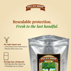 Pecan Shop opened oxygen-barrier bag emphasizing sealed freshness