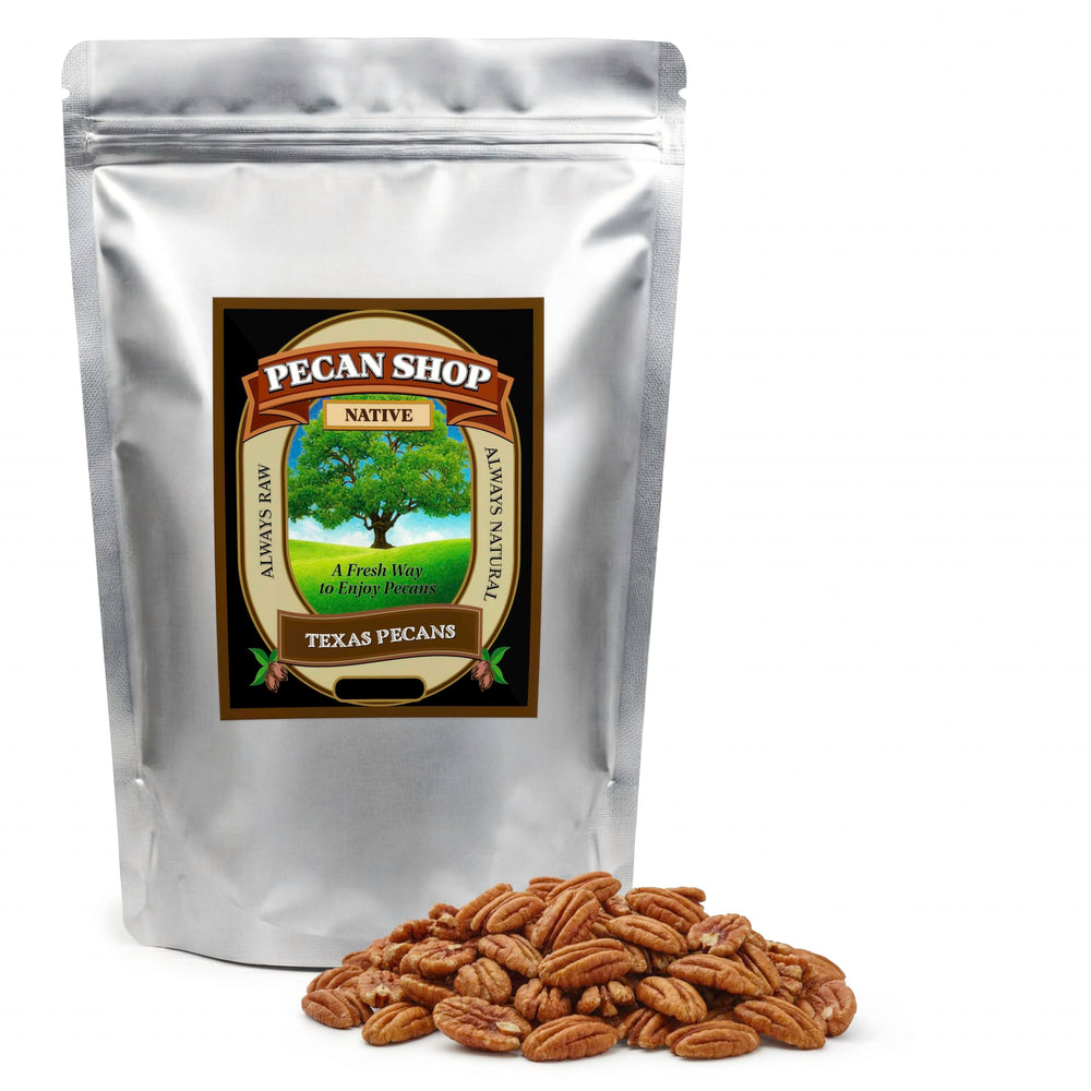 Pecan Shop front-of-bag showing oxygen-barrier packaging and freshness labeling