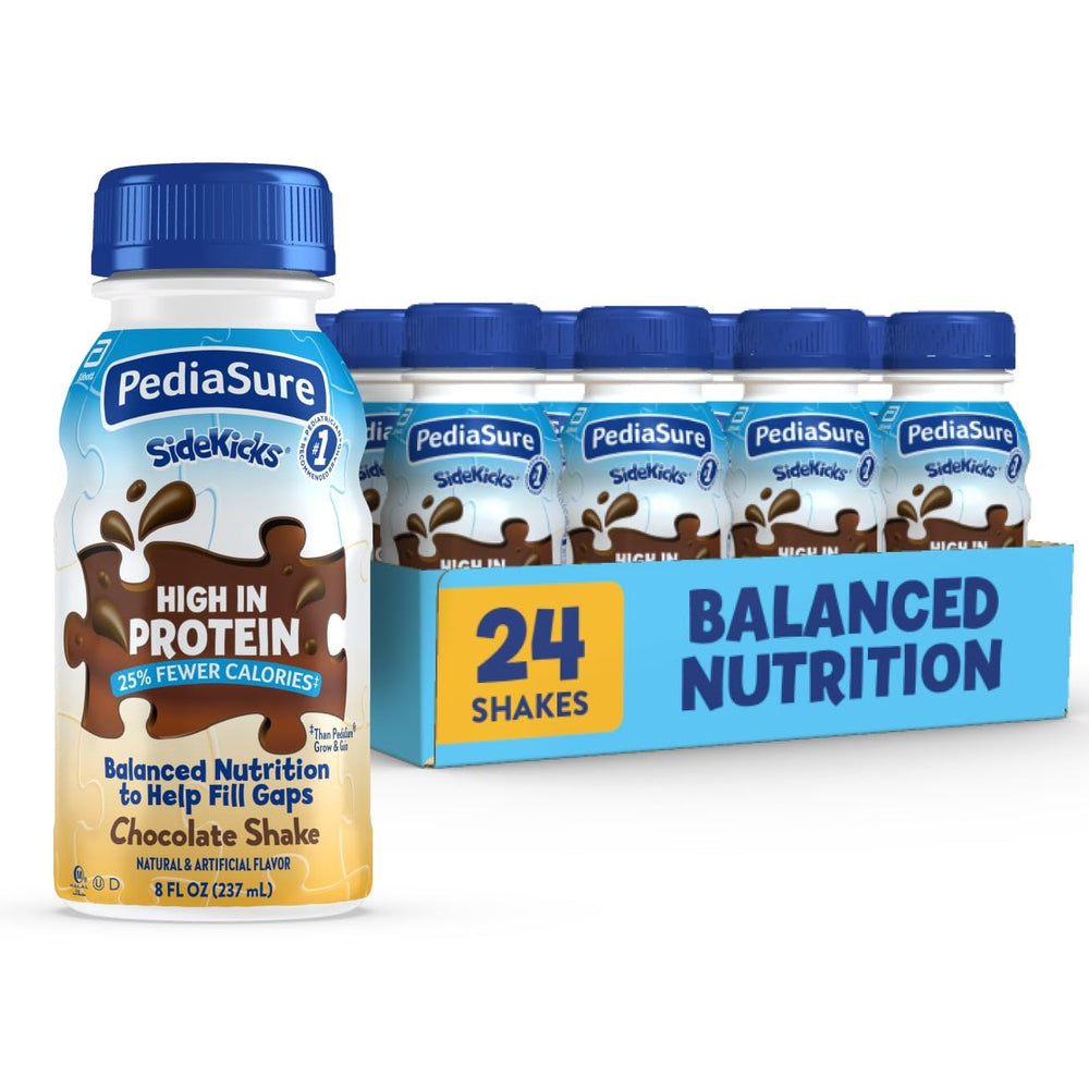 PediaSure SideKicks front packaging showing chocolate flavor and nutrition benefits