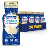 PediaSure front packaging showing 24-bottle pack and vanilla branding benefit convenience