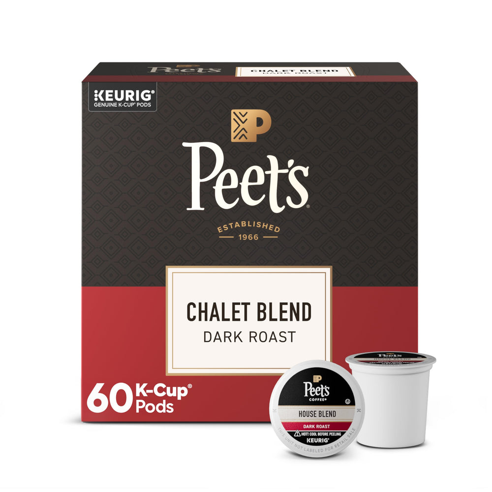 Peet's Chalet Blend box front showing 60 K-Cup pods and bold roast for consistent convenience
