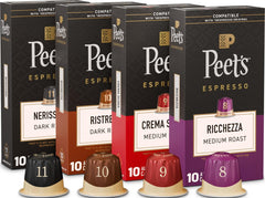 Peet's front packaging of the 40-count classic espresso variety pack showing all four boxes and capsule imagery for easy choice