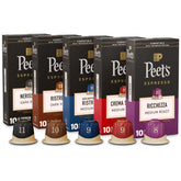 Peet's Coffee variety pack front view showing five 10-count boxes and benefits of sampling