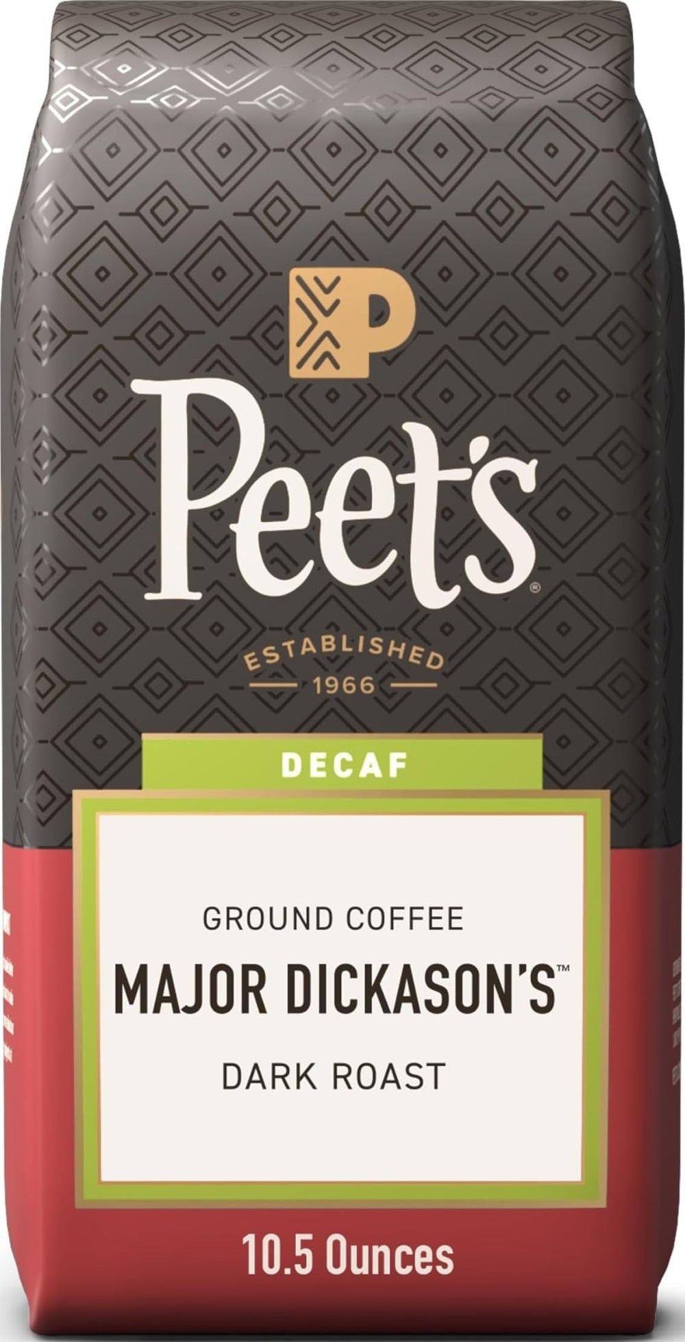 Peet's front packaging showing 10.5 oz decaf bag, preserves freshness