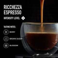 Peet's Ricchezza espresso shot pouring to display crema and rich texture