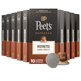Peet's front packaging showing box of 100 capsules and clear roast label benefit freshness