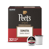Peet's Coffee front box of 32 Sumatra K‑Cups showing branding and bold roast benefit
