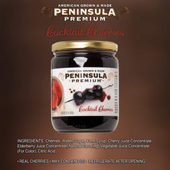 close-up of Peninsula Premium cherries texture and glossy syrup highlighting natural fruit flavor