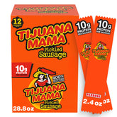 Penrose Tijuana Mama front packaging showing 2.4 oz sausage and branding, highlights grab-and-go convenience