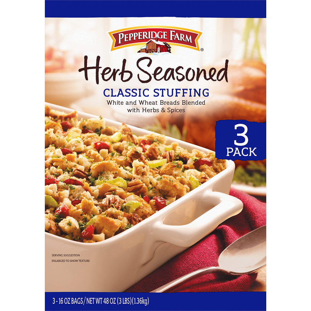 Pepperidge Farm front packaging showing herb seasoned stuffing benefits convenience