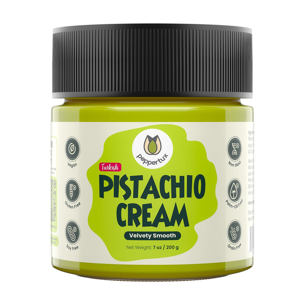 Peppertux Farms jar front label showing pistachio spread and packaging benefits