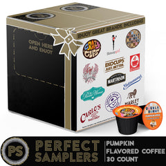 Perfect Samplers array of pumpkin spice pods displaying different branded labels