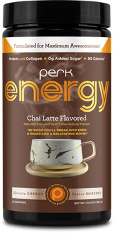 Perk front packaging showing chai latte tub and serving info for convenience