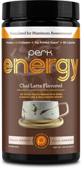 Perk front packaging showing chai latte tub and serving info for convenience