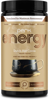 Perk front packaging showing product branding and servings for easy choice