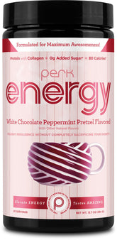Perk front packaging showing flavor and servings, clear product info benefit