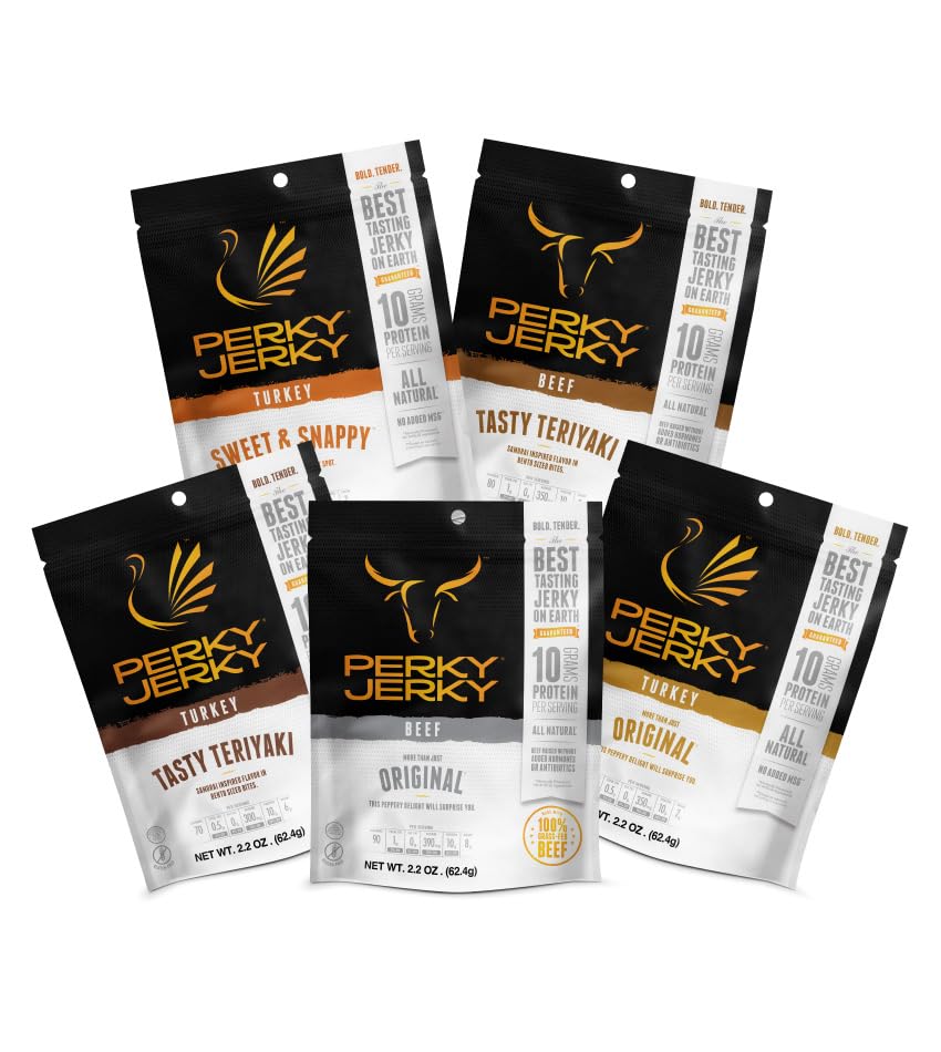 Perky Jerky front packaging showing five 1oz trial bags and variety benefits