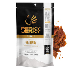 Perky Jerky front packaging showing the 14oz resealable bag and brand