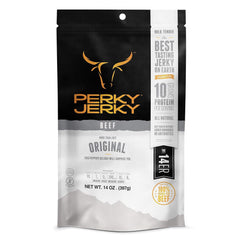 Perky Jerky front packaging showing 14oz bag and resealable seal, convenient storage benefit