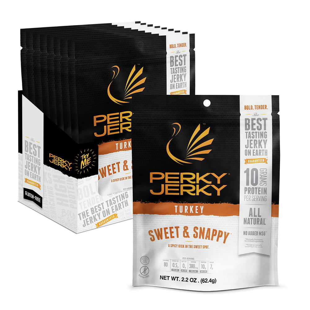 Perky Jerky front packaging showing sweet and snappy flavor and convenience