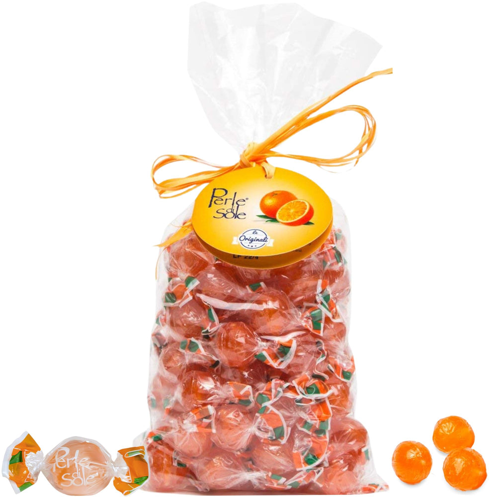 Perle di Sole front packaging showing resealable bag and orange drops, convenient storage